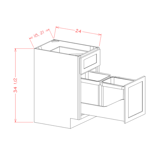 B21TCPO – 21″ Base Cabinet with Single Drawer + Double Trash Can Pullout | Shaker Style