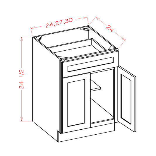 B30 – 30" Base Cabinet with Single Drawer + Double Doors | Shaker Style