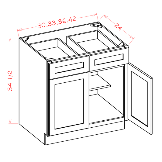 B42 – 42" Base Cabinet with Double Drawers + Double Doors | Shaker Style