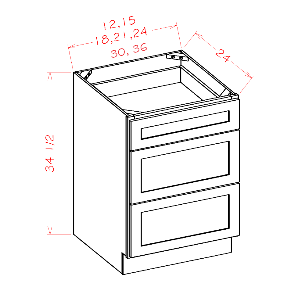 Shaker three drawer base cabinet with shaker fronts, 34 1/2" high × 24" deep, shown in line drawing with labeled dimensions.