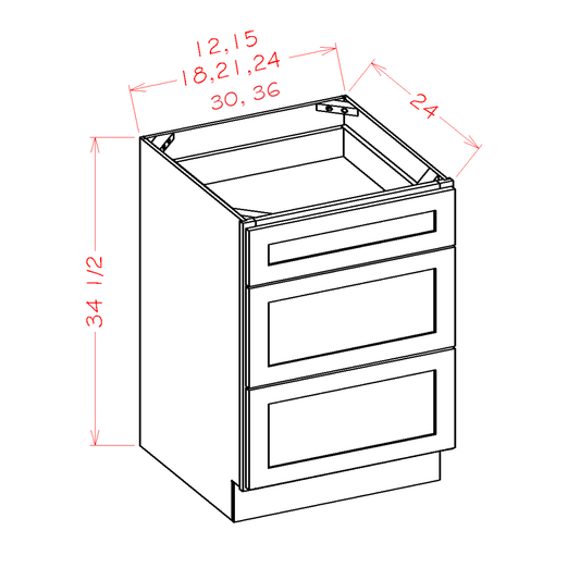 Shaker three drawer base cabinet with shaker fronts, 34 1/2" high × 24" deep, shown in line drawing with labeled dimensions.