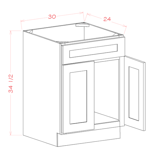SB30S – 30" Sink Base Cabinet with 1 False Front + Double Doors | Shaker Style