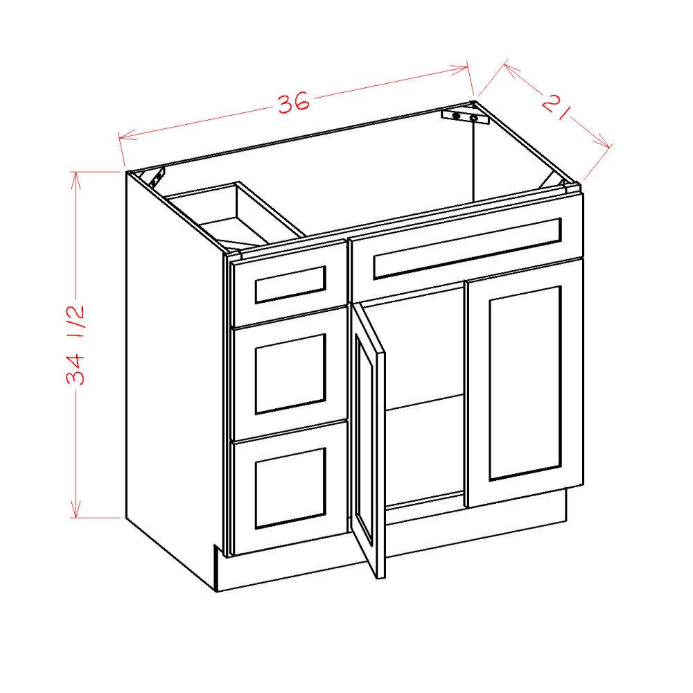 V3621DL - 36" Vanity Combo Base Cabinet with Drawers Left | Shaker Style