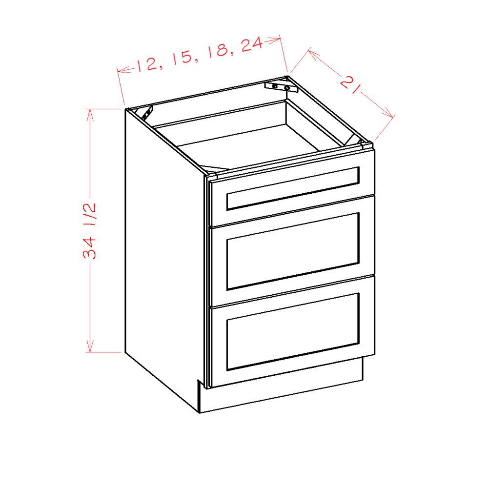 3VDB18 - 18" Three Drawer Vanity Base Cabinet | Shaker Style