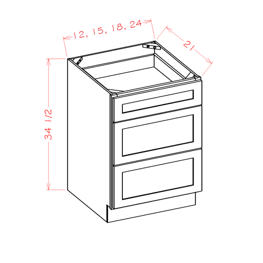 3VDB18 - 18" Three Drawer Vanity Base Cabinet | Shaker Style