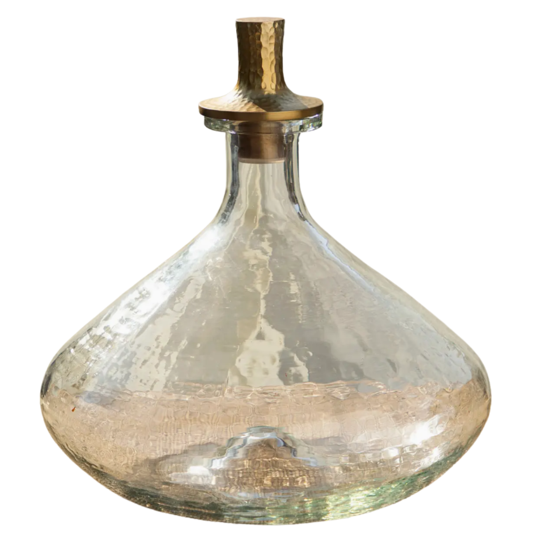 Pebbled Glass Decanter — Wide with Hammered Brass Stopper