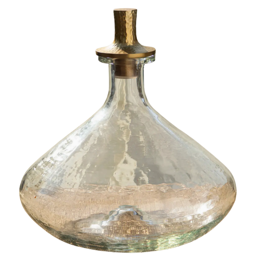 Pebbled Glass Decanter — Wide with Hammered Brass Stopper